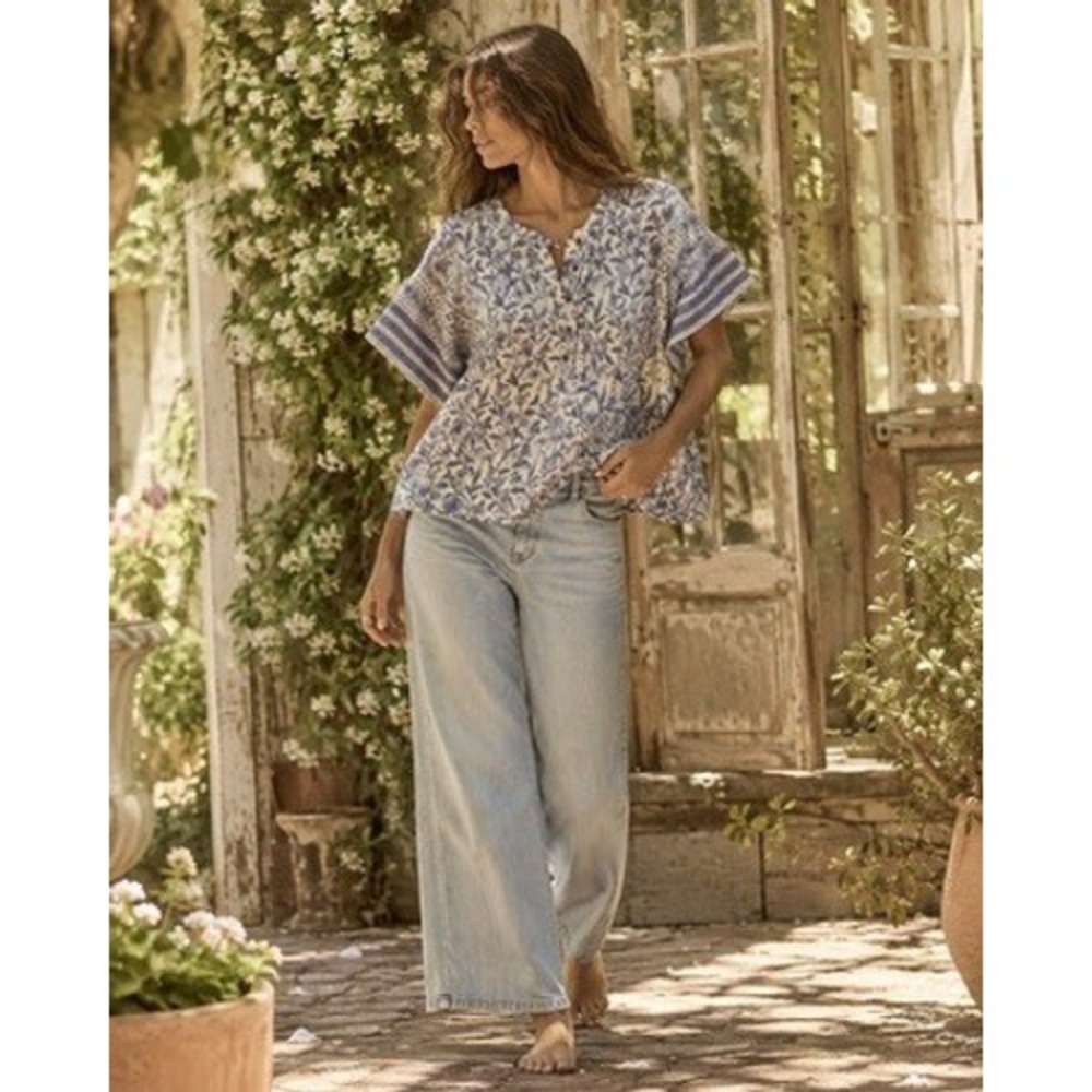 J. Jill Blue Floral Cotton Block Print Boho Split Neck Flutter Sleeve Top L